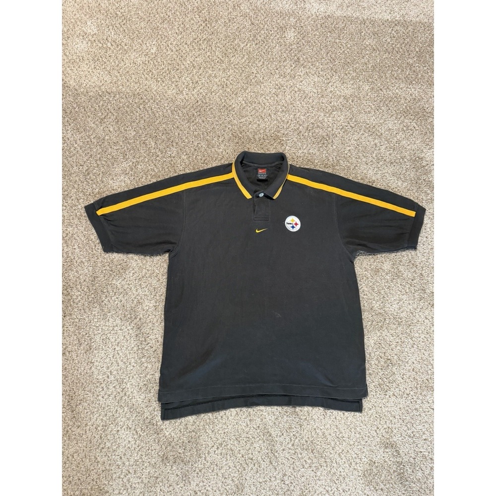 Vintage Nike Pittsburgh Steelers Polo Shirt Mens Medium Black Gold Center Swoosh